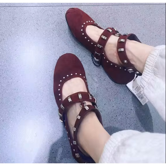 🍷 ZARA Leather Studded Ballet Flats NWT | Burgundy Suede Buckle Strap 7.5–8 - Picture 5 of 16
